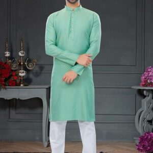 Mint Green Embroidered Jacquard Cotton Kurta Set For Men