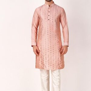 Pink Mirror Work Art Silk Kurta Set For Men