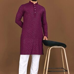 Wine Embroidered Rayon Kurta Set For Men