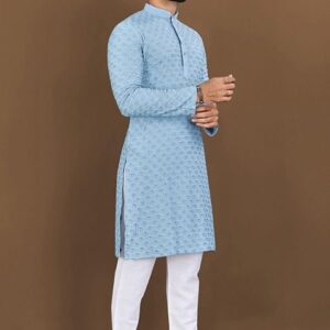 Sky Blue Embroidered Rayon Kurta Set For Men
