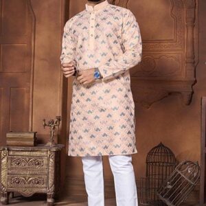 Cream Embroidered Silk Kurta Set For Men