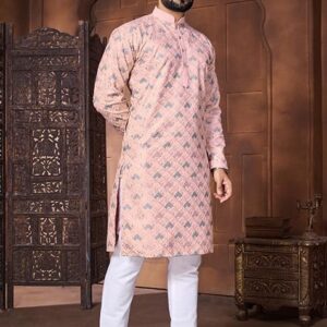 Baby Pink Embroidered Silk Kurta Set For Men