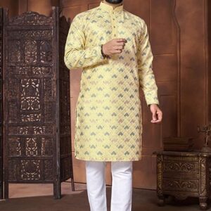 Yellow Embroidered Silk Kurta Set For Men