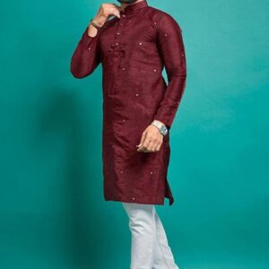 Maroon Embroidered Silk Kurta Set For Men
