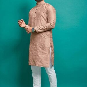 Light Peach Embroidered Silk Kurta Set For Men