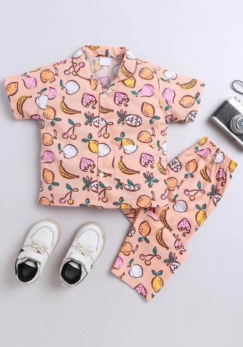 Peach Printed Cotton Shirt Pant Set For Boys