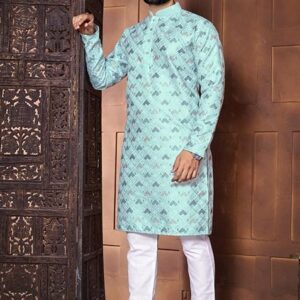 Sky Blue Embroidered Silk Kurta Set For Men