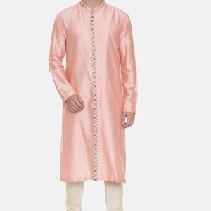 Light Pink Embroidered Silk Kurta Set For Men