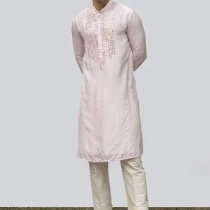 Pink Vintage Mirror Work Kurta Set For Men