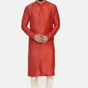 Rust Hand Embroidered Slub Silk Kurta Set For Men
