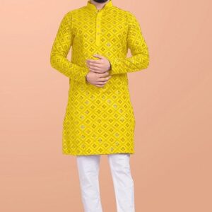 Yellow Embroidered Cotton Blend Kurta Set For Men