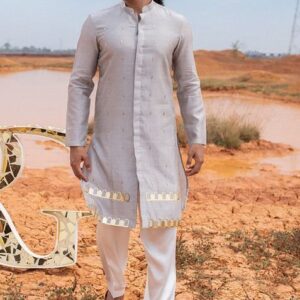 Grey Hand Embroidered Silk Kurta Set For Men