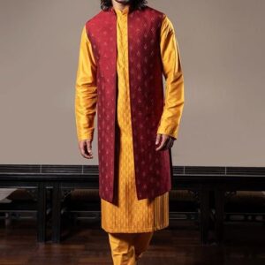 Yellow Pleated French Knot Kurta Set For Men