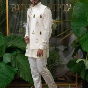 Ivory Hand Embroidered Pure Cotton Kurta Set For Men