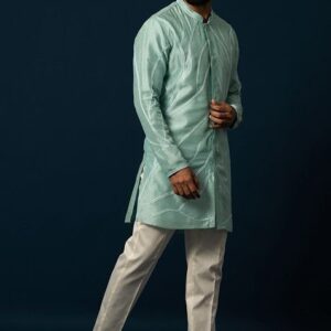 Sea Green Thread Embroidered Bam Silk Kurta Set For Men