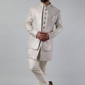 Grey Embroidered Open Jacket And Kurta Set For Men