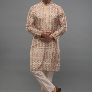 Beige Printed Kurta Set For Men