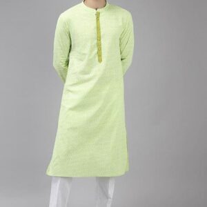 Lime Green Printed Cotton Straight Kurta Set For Men