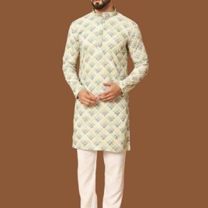 Yellow Embroidered Heavy Jacquard Silk Kurta Set For Men