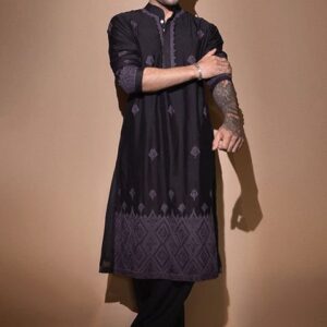Black Dori Embroidered Chanderi Kurta Set For Men