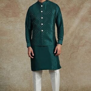 Teal Blue Sequin Embroidered Jacket And Kurta Set For Men