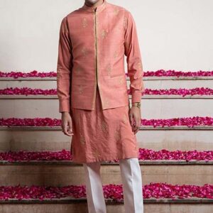 Rust Cheeku Embroidered Bundi Jacket And Kurta For Men