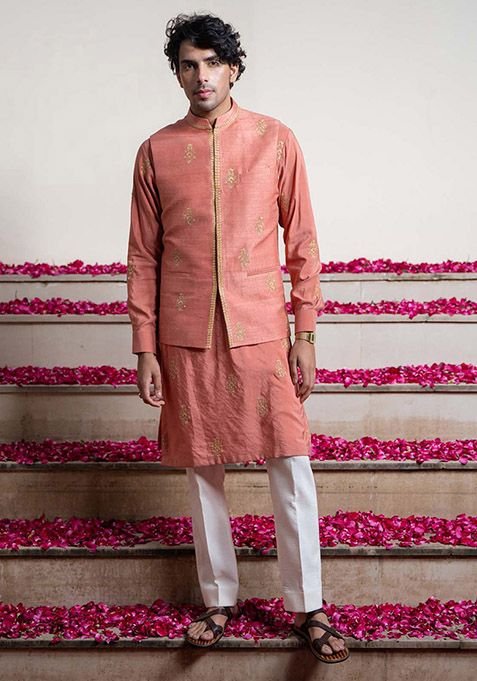 Rust Cheeku Embroidered Bundi Jacket And Kurta For Men