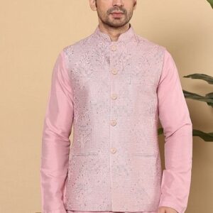 Pink Embellished Viscose Dupion Silk Nehru Jacket