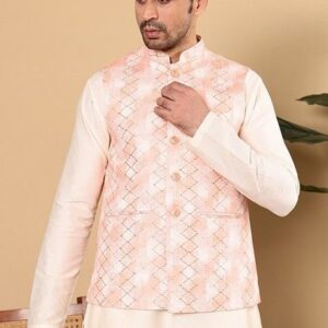 Peach Embellished Rayon Silk Nehru Jacket