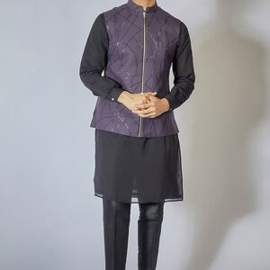 Wine Sequin Embroidered Zipper Jacket And Kurta Set For Men