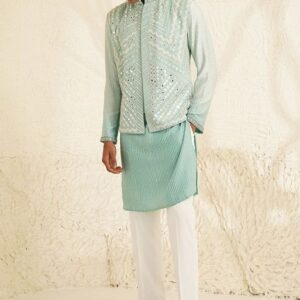 Blue Mirror Thread Embroidered Nehru Jacket And Kurta Set For Men