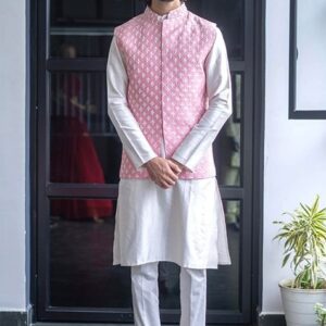 Light Pink Embroidered Nehru Jacket Set For Men