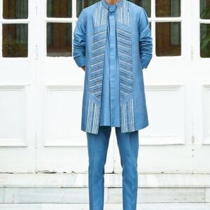 Linear Blue Embroidered Open Jacket With Kurta Set For Men