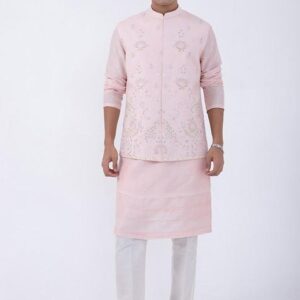 Baby Pink Embroidered Bundi Jacket For Men