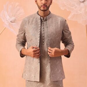 Misty Olive Hand Embroidered Open Nehru Jacket Set For Men