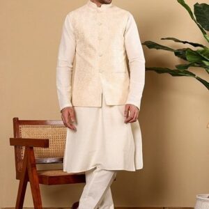 Cream Embellished Viscose Silk Nehru Jacket