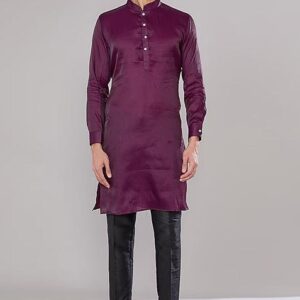Wine Embroidered Terry Silk Jacket And Kurta Set For Men