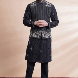 Black Machine Embroidered Bundi Jacket For Men