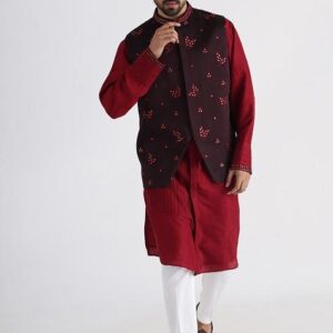 Brown And Maroon Embroidered Linen Satin Nehru Jacket Set For Men
