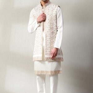Off White Embroidered Jacket And Kurta Set For Men