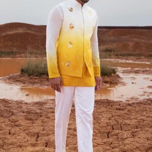 Yellow Ombre Hand Embroidered Bundi Jacket Set For Men
