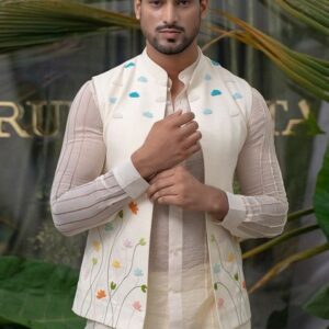 Ivory Hand Embroidered Nehru Jacket For Men