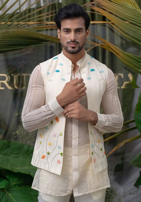Ivory Hand Embroidered Nehru Jacket For Men