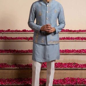 Blue Zardozi Work Bundi Jacket For Men