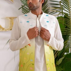 Multicolour Hand Embroidered Flora Aura Bundi Jacket Set For Men