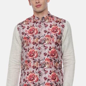 Pink Floral Print Linen Nehru Jacket For Men
