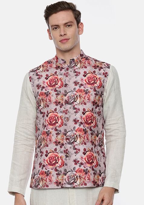 Pink Floral Print Linen Nehru Jacket For Men
