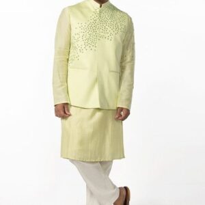 Mint Green Abstract Mirror Work Bundi Jacket And Kurta Set For Men