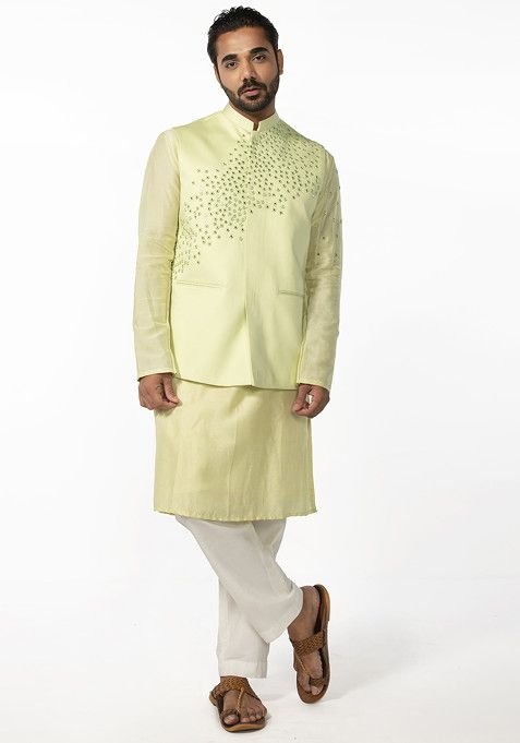 Mint Green Abstract Mirror Work Bundi Jacket And Kurta Set For Men