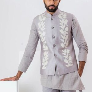 Grey Applique Embroidered Florian Bundi Jacket For Men